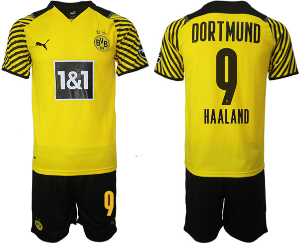 Men's Borussia Dortmund #9 Erling Haaland Yellow Home Soccer Jersey with Shorts